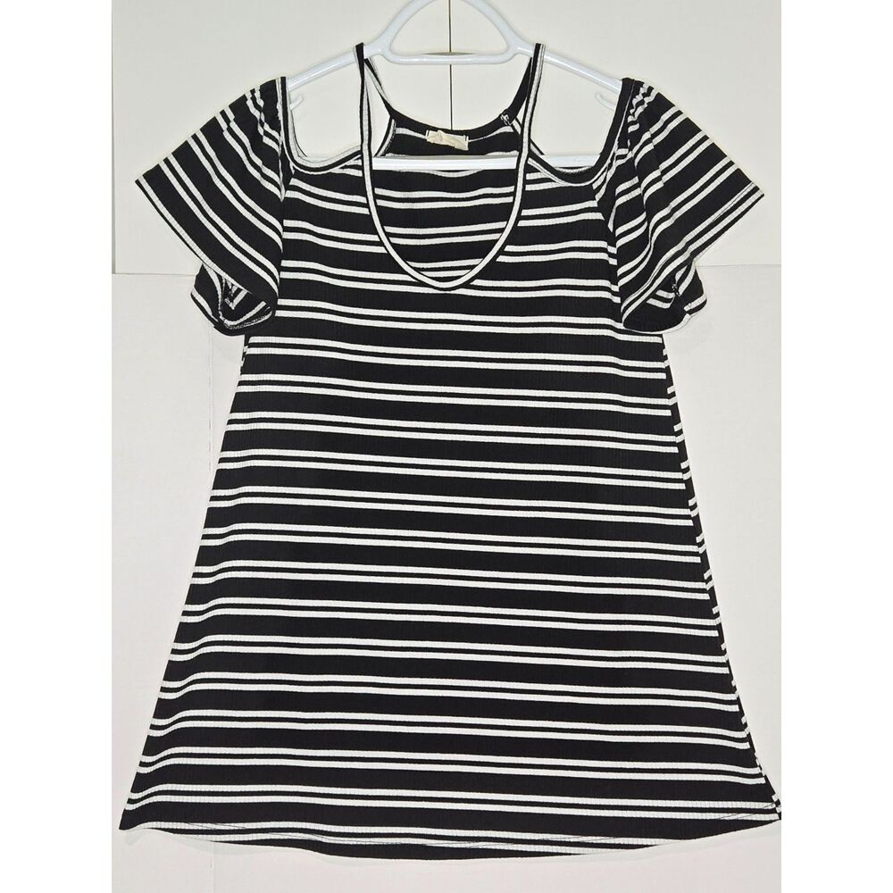 143 Story Cold Shoulder Top | Women's Size S | Black White Striped Blouse